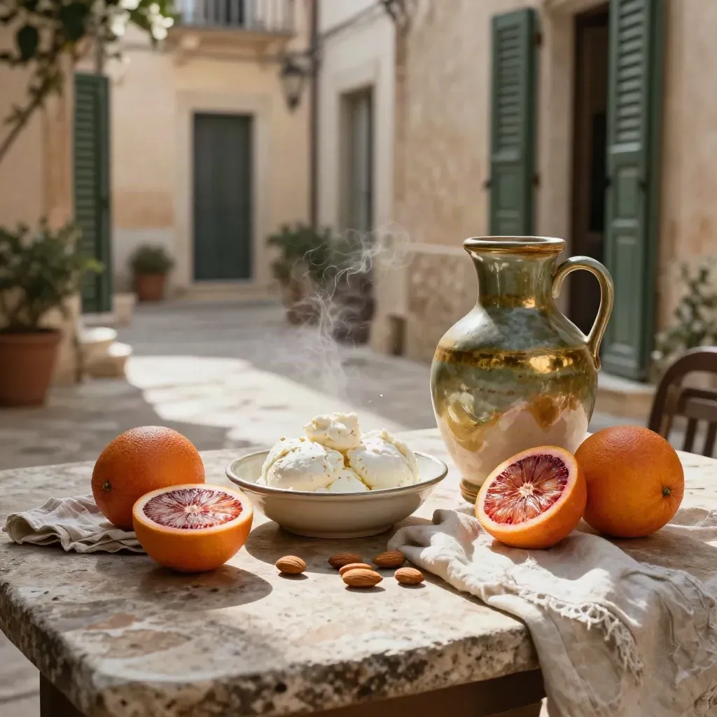 Colazione in un cortile di Noto con arance rosse, ricotta, mandorle e brocca in ceramica.