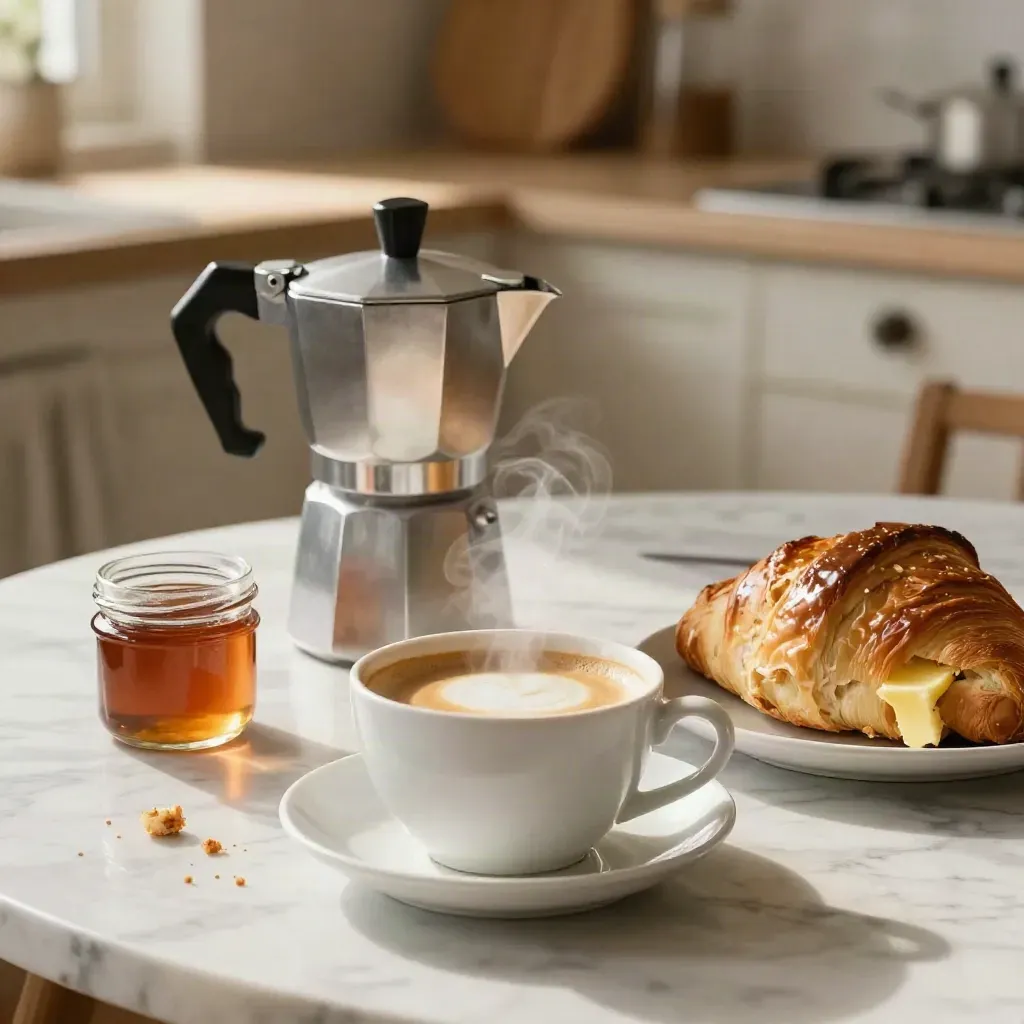 Colazione italiana con moka, cappuccino, brioche e vasetto di marmellata su marmo.