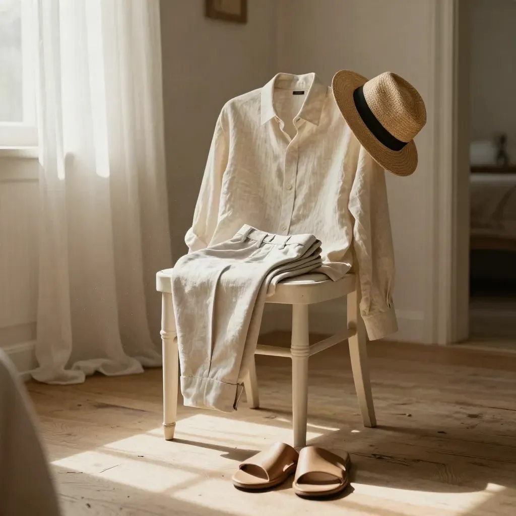 Camicia in lino, pantaloni chiari e cappello di paglia su una sedia in stanza assolata.