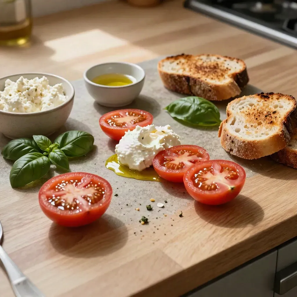 Ripresa dall’alto di un pranzo veloce con pomodori, ricotta, pane tostato, basilico e olio d’oliva.