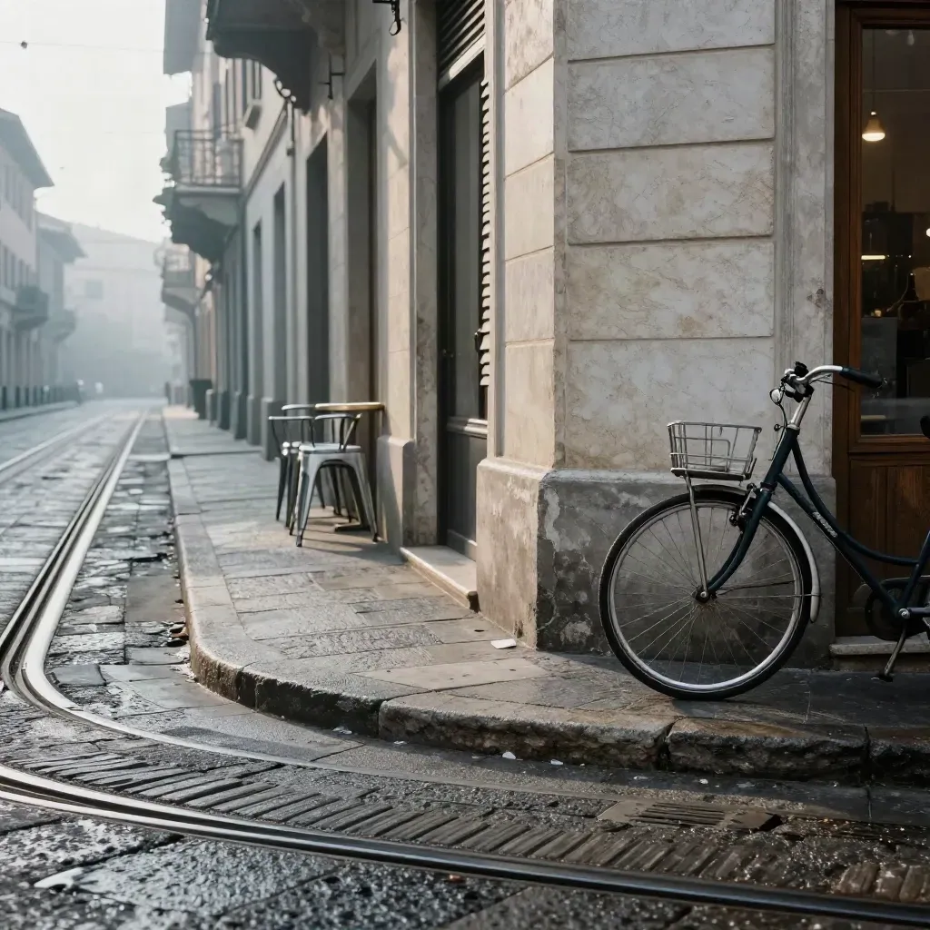 Angolo di Milano all’alba con rotaie del tram, bici e sedie di bar nel silenzio.