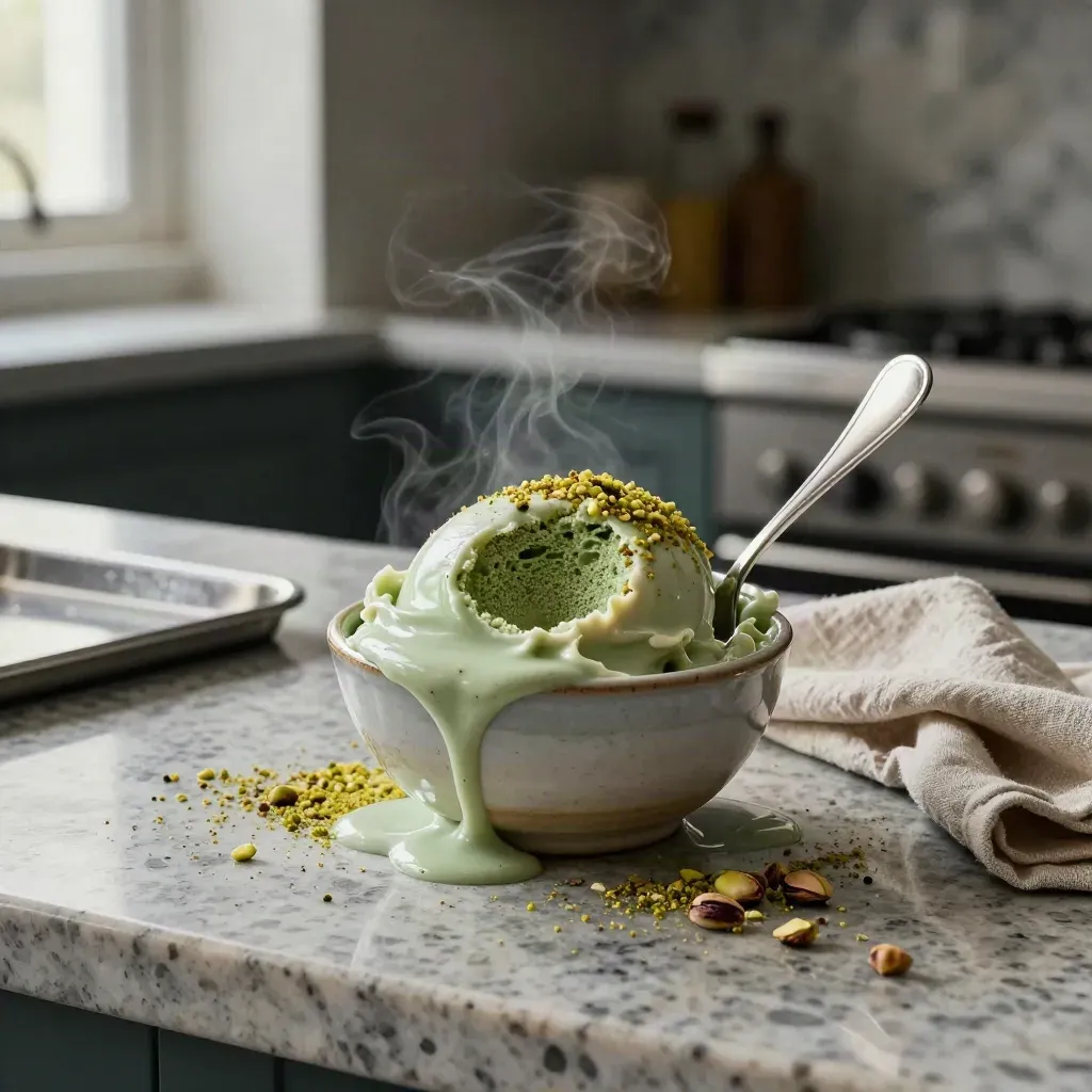 Gelato fatto in casa in ciotola, cucchiaio e briciole di pistacchio su piano in travertino