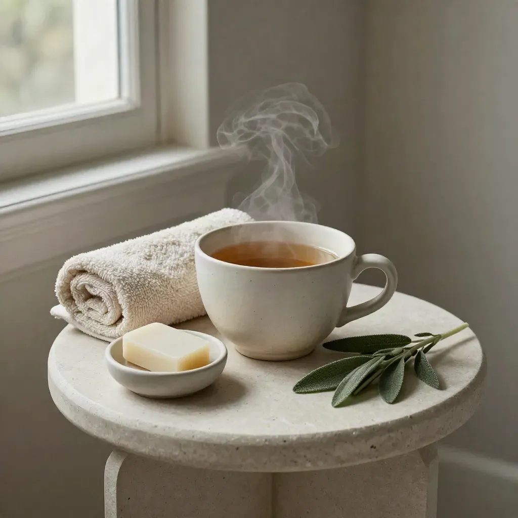 Tazza di tisana, asciugamano arrotolato, portasapone e salvia su tavolino in bagno.
